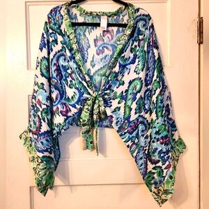 Women’s Crop Top, Colorful Paisley, Boho, Tie Wrap Front, Vacation Resortwear OS